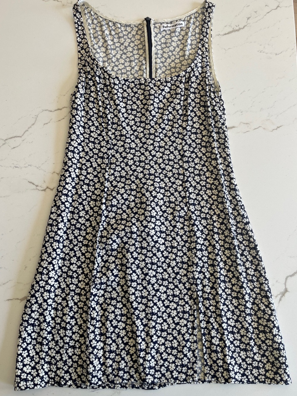 Reformation Navy Blue White Floral Daisy Mini Dress with Scoop Neck and Slit